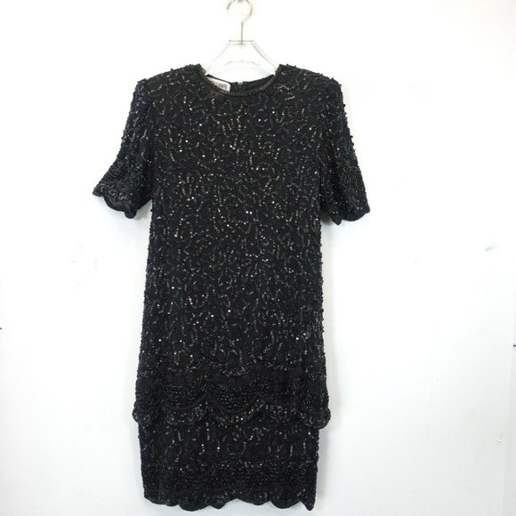 BRILLIANTE x J.A. Women's Black Mini Dress MEDIUM Sequin Beaded Silk Evening‎ - Picture 3 of 11